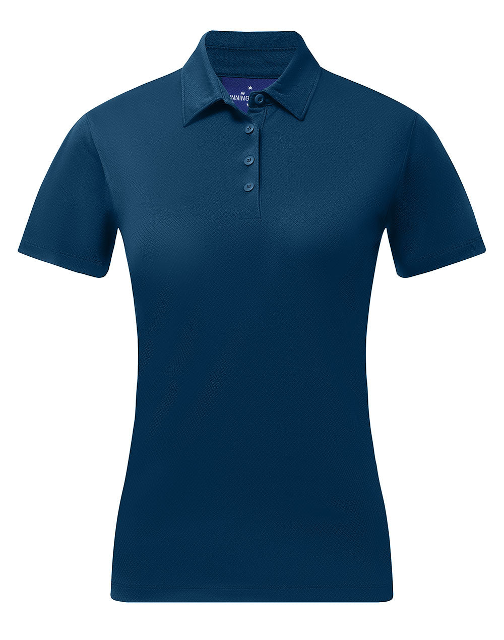 Ladies sustainable jacquard navy blue polo shirt front view