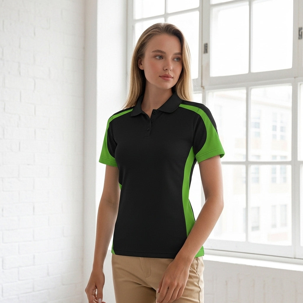 Ladies Talon Polo black and neon green short-sleeved shirt
