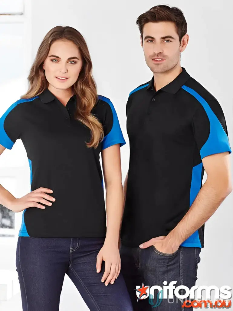 Black and blue jhs emb mens polo with contrasting shoulder panels ideal for work uniforms and performance workwear
