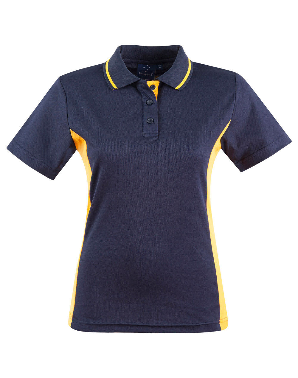 Ladies teammate polo in navy blue and yellow with moisture-wicking fabric