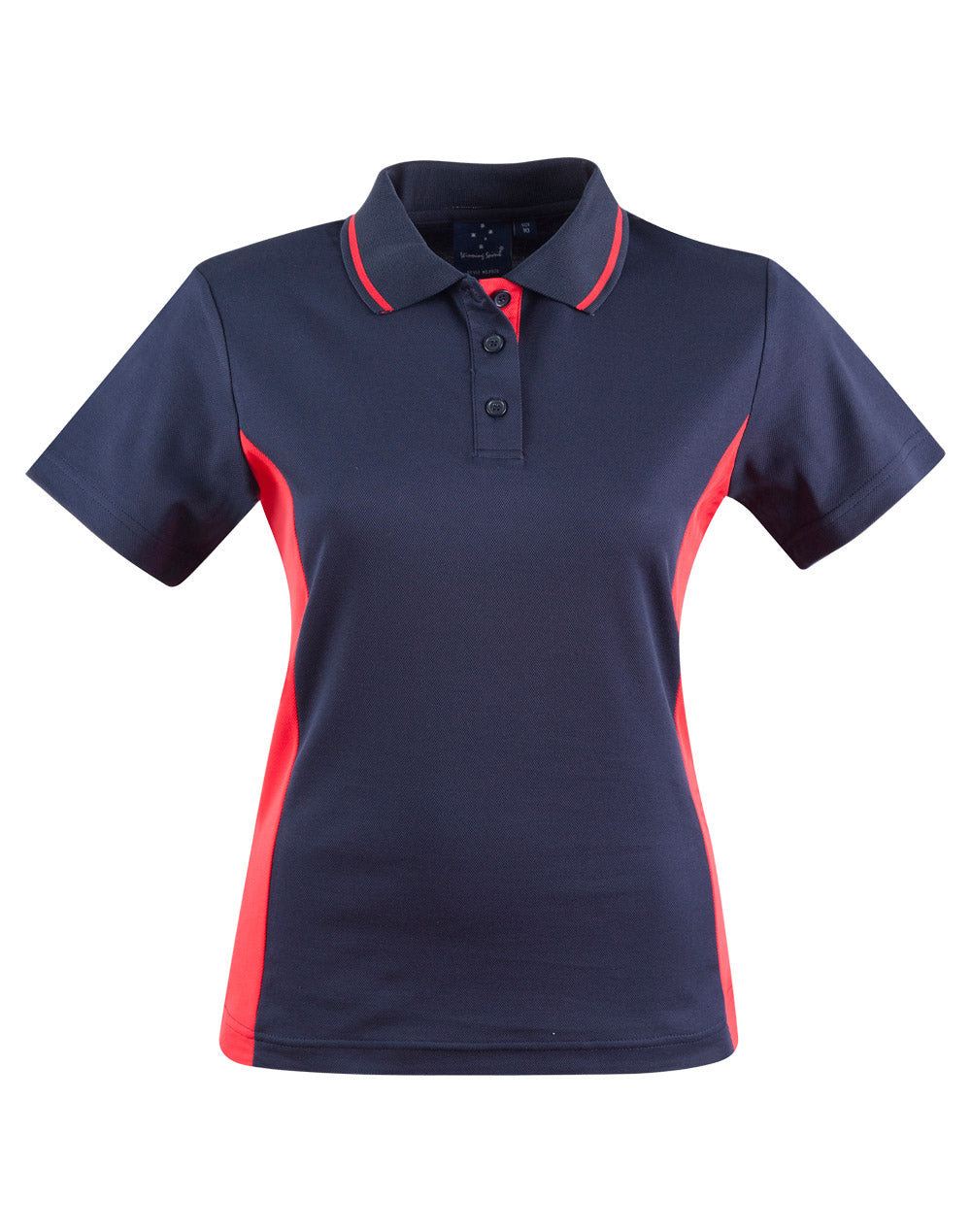Ladies Teammate Polo in navy blue with red panels, moisture-wicking fabric