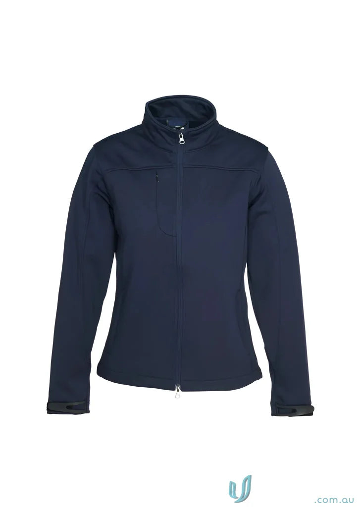Womens softshell jacket navy blue with high collar and zip, part of Ladies U:Tech SoftShell collection