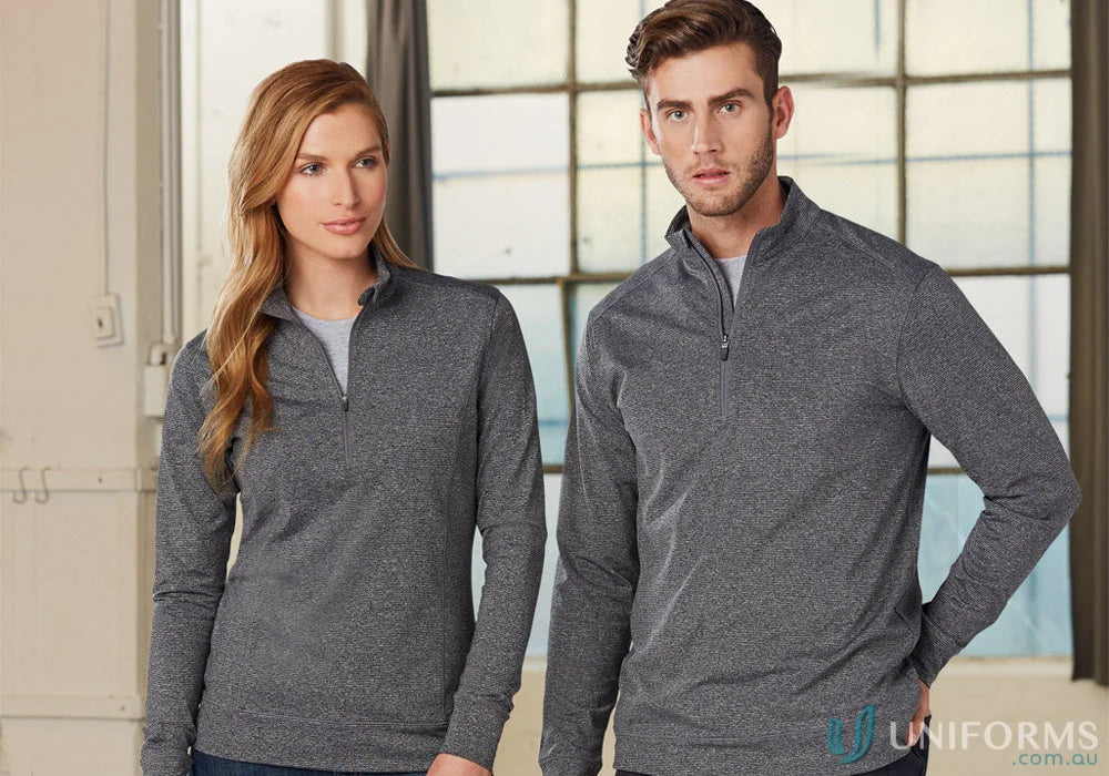 Two people wearing gray Ladies Ultimate Half Zip Long Sleeve Sweat Tops