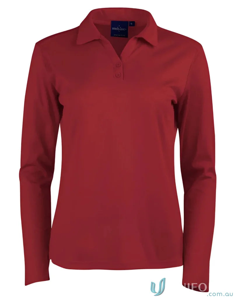 Red Ladies Victory LS Polo made with Truedry® mesh fabric and natural cotton backing