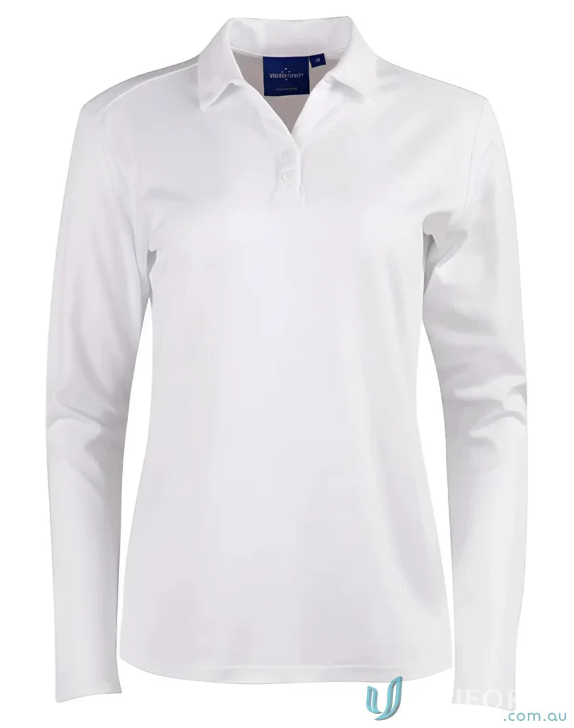 White Ladies Victory LS Polo made with Trudry® mesh fabric and natural cotton backing