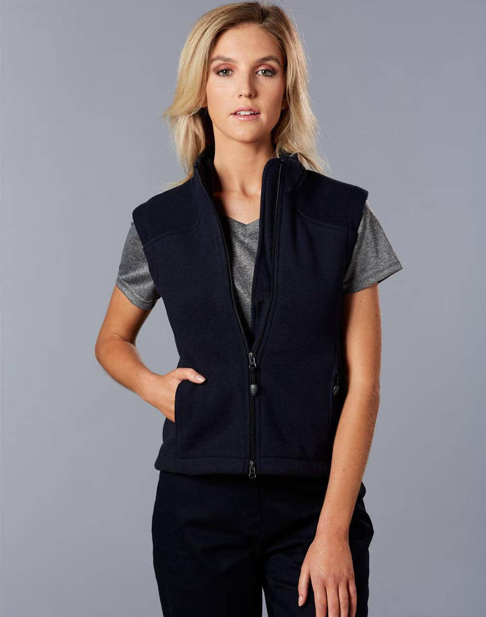 Black arjo emb ladies micro polar fleece vest with high collar and side pockets ideal for work uniforms and workwear