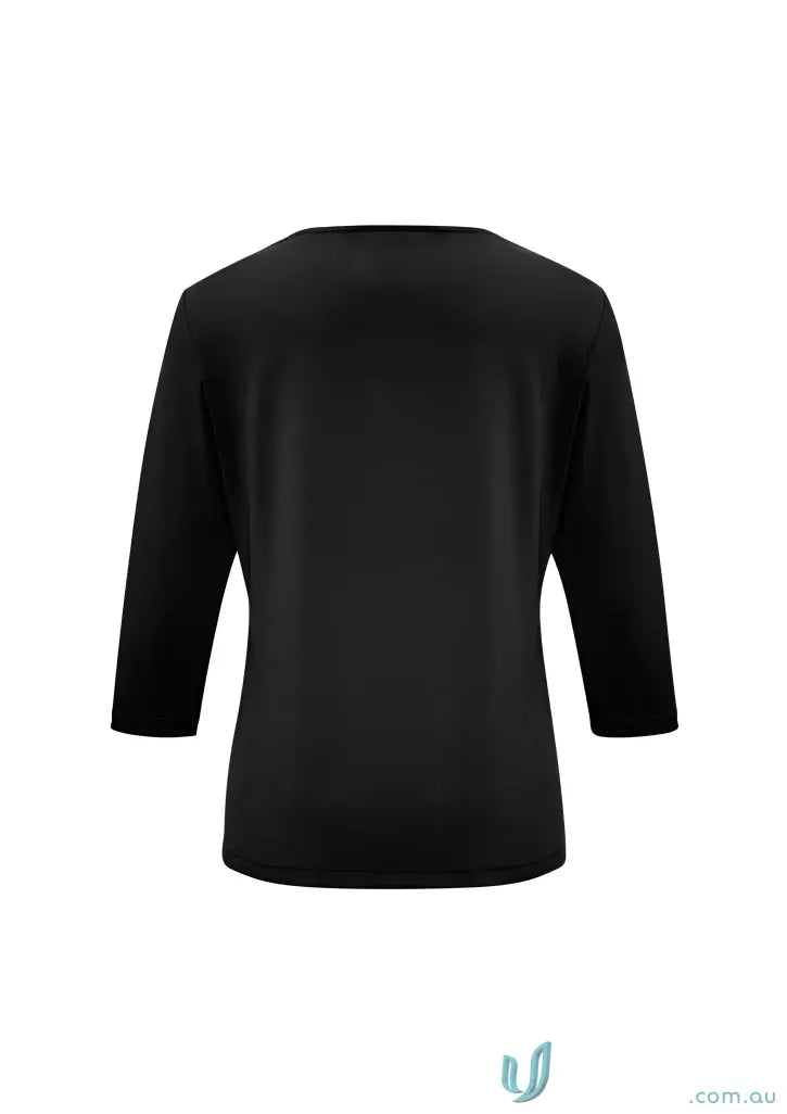 Black Jersey Knit Lana 3Qtr Sleeve Top with Pleated V-Neck for k819lt biz style