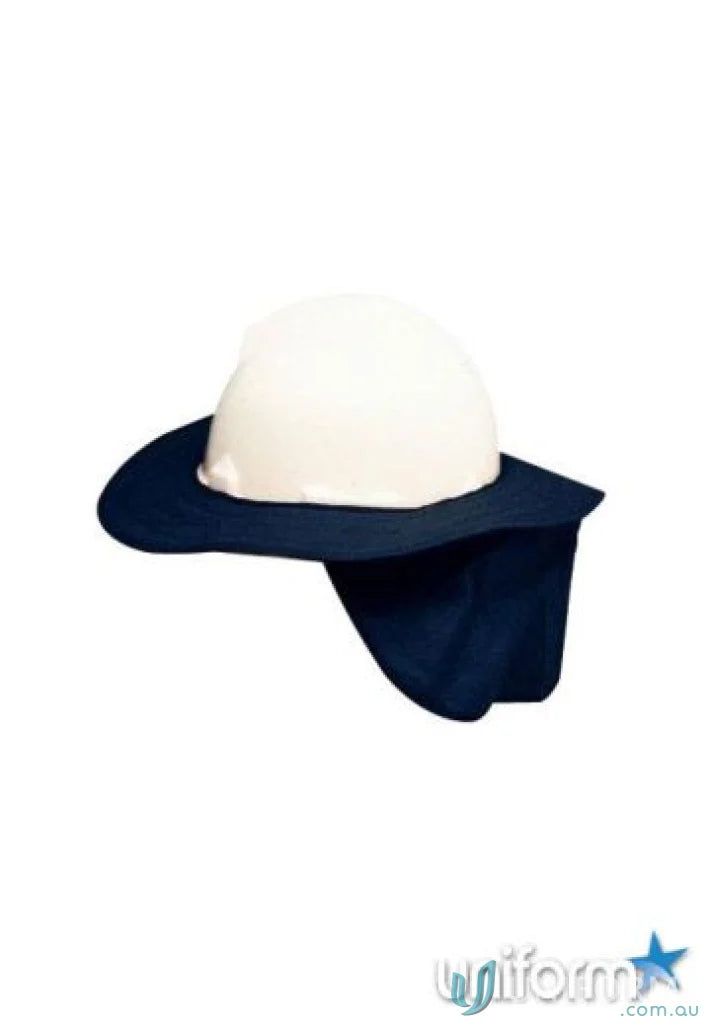 Large backed hard helmet brim with white hard hat and navy neck flap