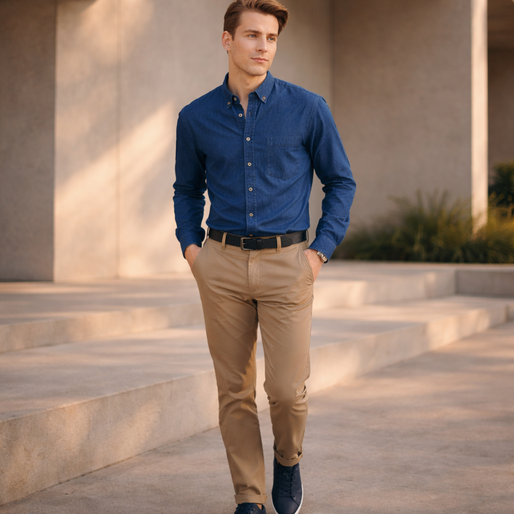 Man in navy shirt models Lawson stretch chino pants