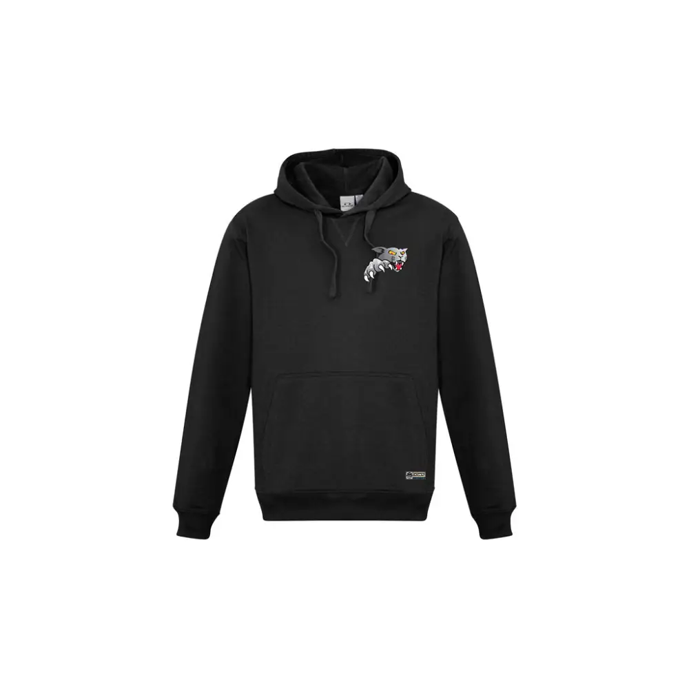 Black hooded sweatshirt with graphic.