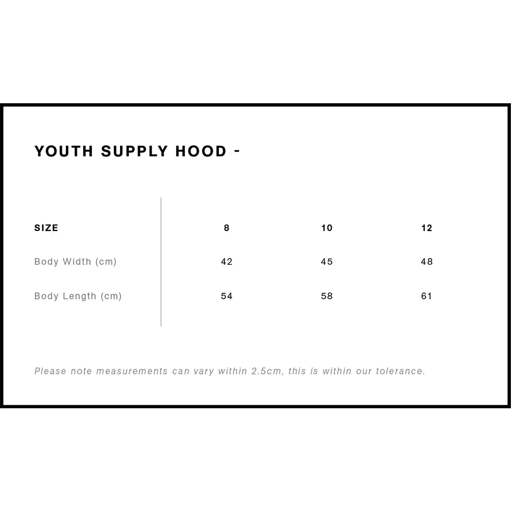 Youth hoodie size chart.