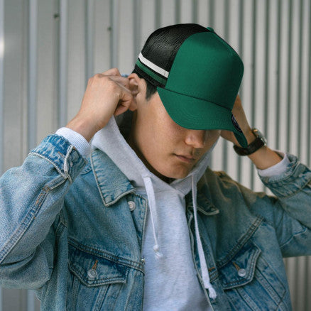 Green and black mesh legend striped trucker hat with white stripe perfect for workwear and casual uniforms