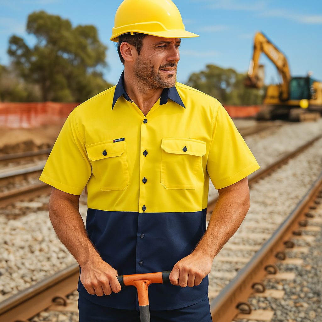 Yellow navy lightweight HiVis vented cotton drill shirt front view