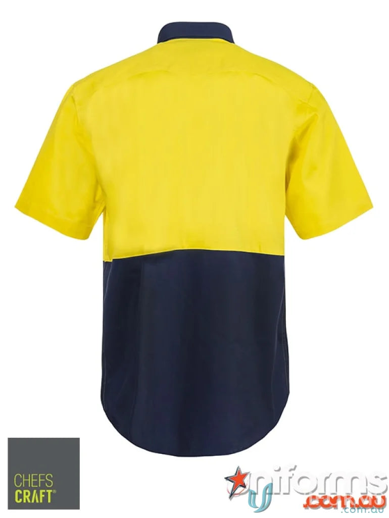 Lightweight HiVis S/S Vented Cotton Drill Shirt with yellow top and navy bottom