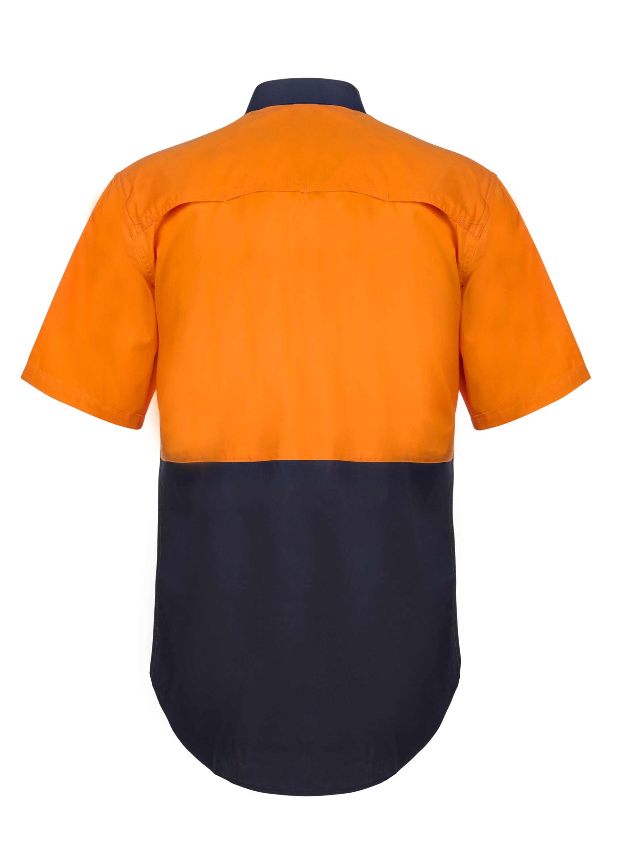 Lightweight HiVis orange navy vented cotton drill shirt front