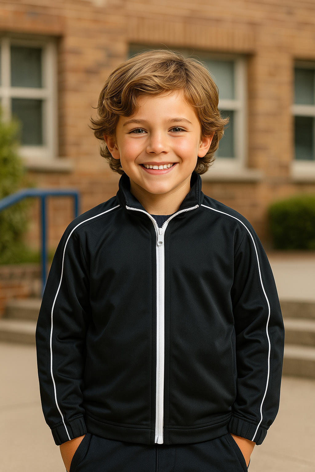 Black zip-up Liverpool kids jacket with white piping on sleeves