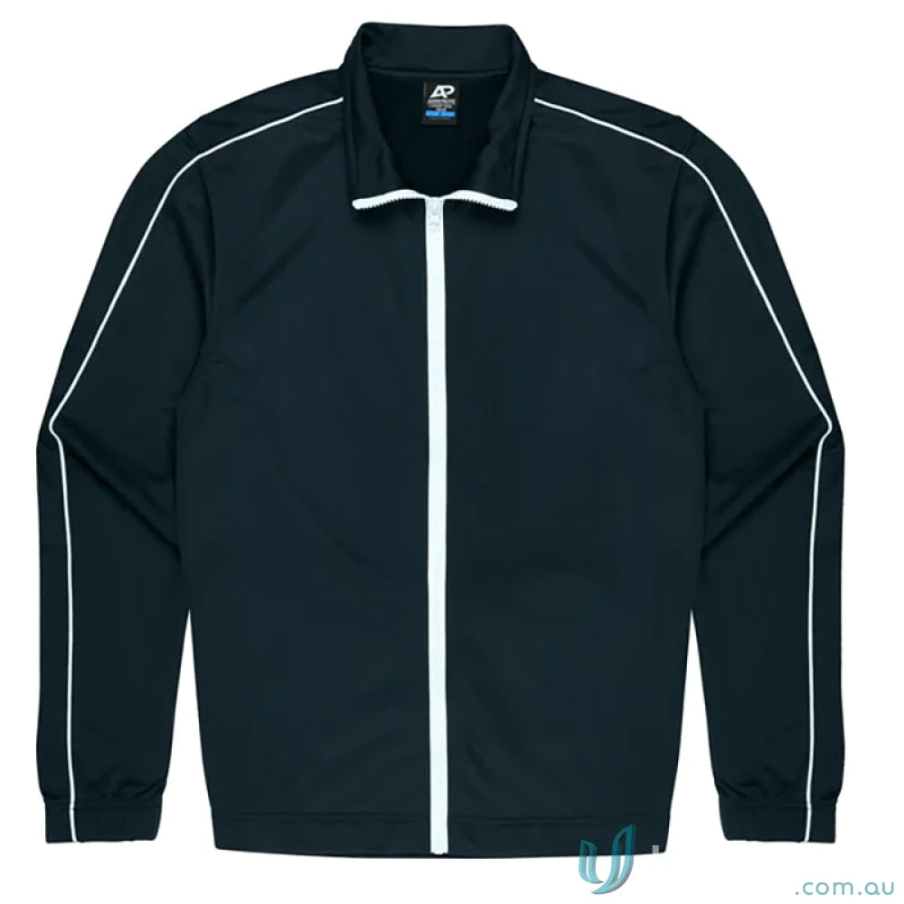 Kids’ black track jacket with white trim, perfect for team uniforms or casual workwear