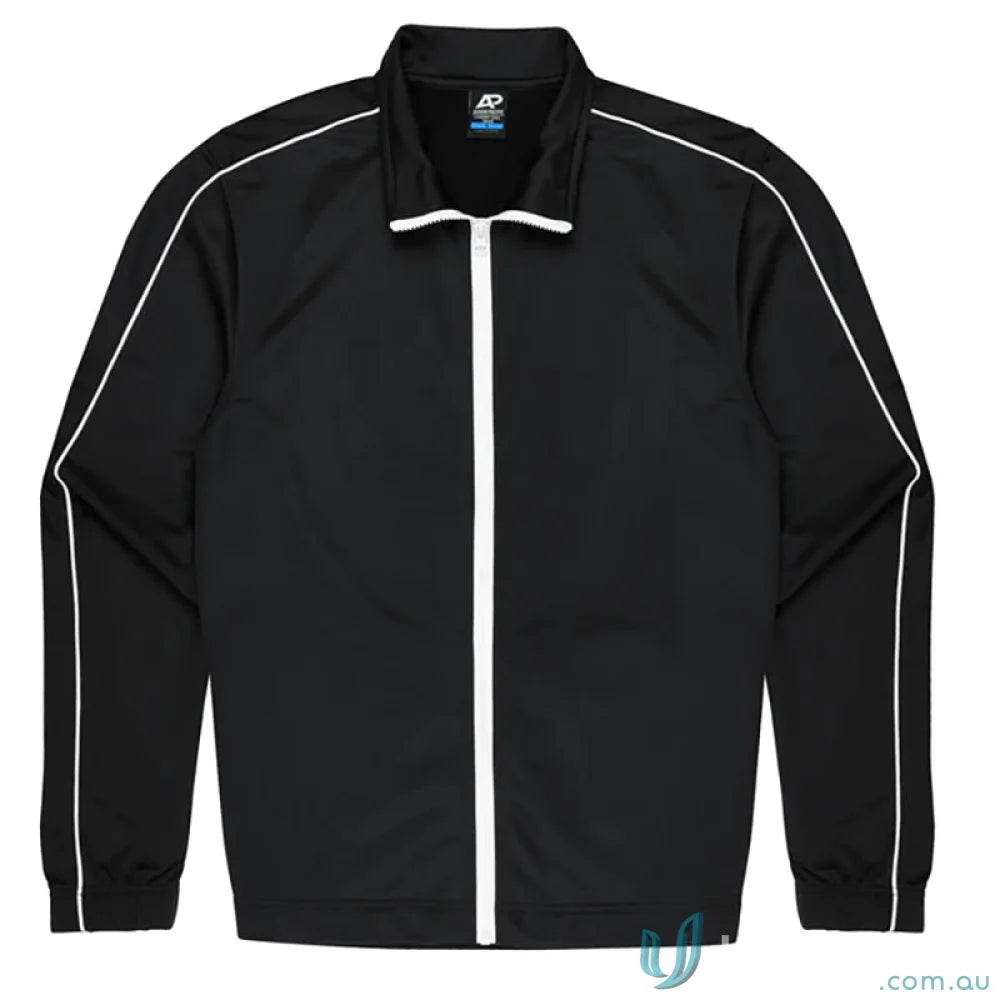 Black track jacket with white trim from Liverpool Mens Jackets, perfect for workwear or uniforms