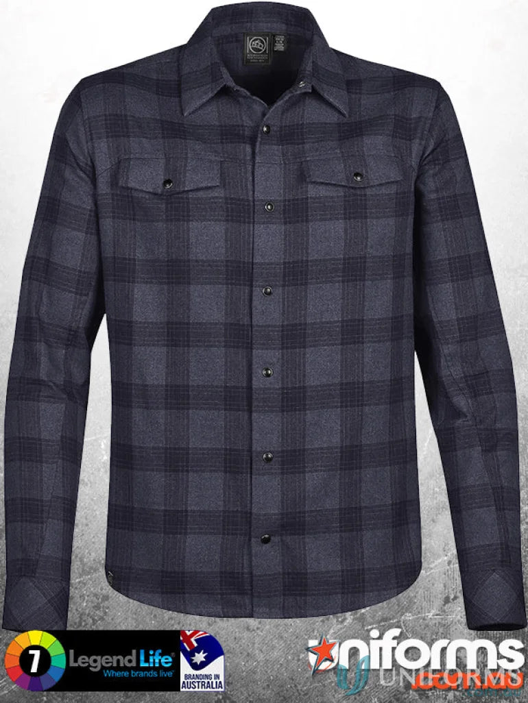 Logan Snap Front Shirt with dark grey black plaid, snap closures, and chest pockets