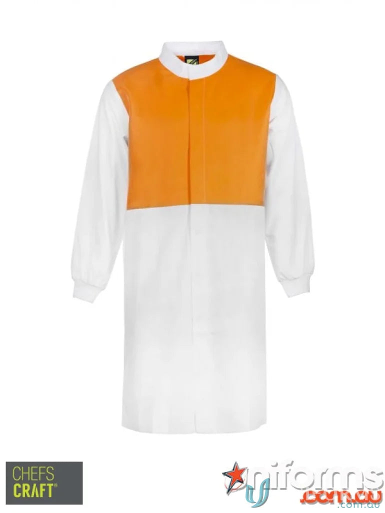 Orange and white long length chefs coat with mandarin collar for professional uniforms