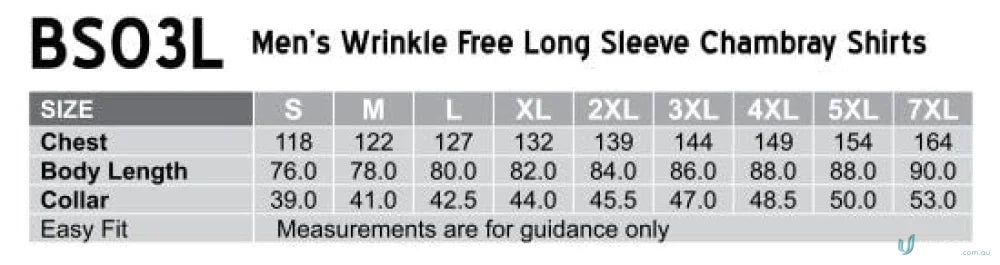 Winning Spirit Mens Chambray Long Sleeve Shirt size chart for wrinkle-free long-sleeve chambray long shirts