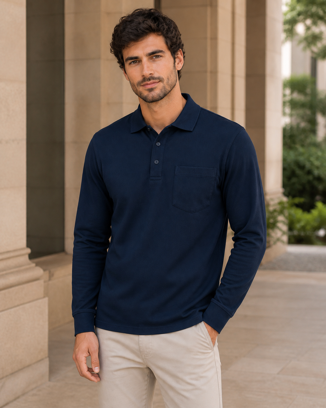 Male model wearing navy Long Sleeve Pocket 210 Polo