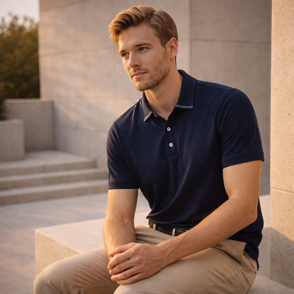 Lorne cotton jersey knit polo in navy blue with white accents