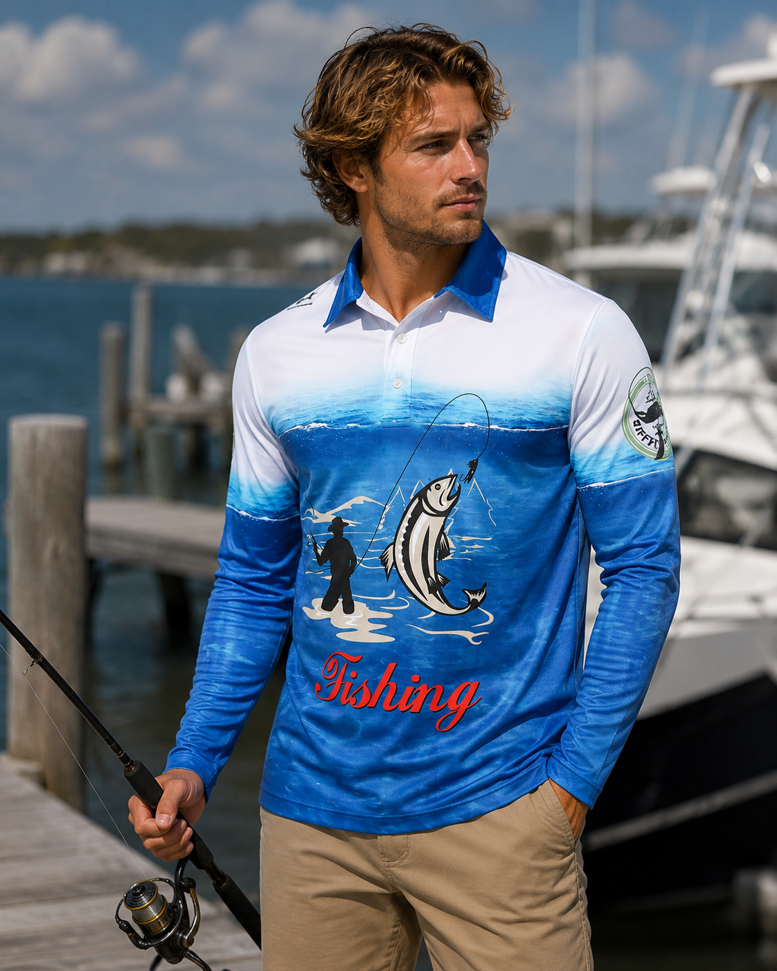 Man wearing a blue and white fishing-themed shirt by a dock with boats.