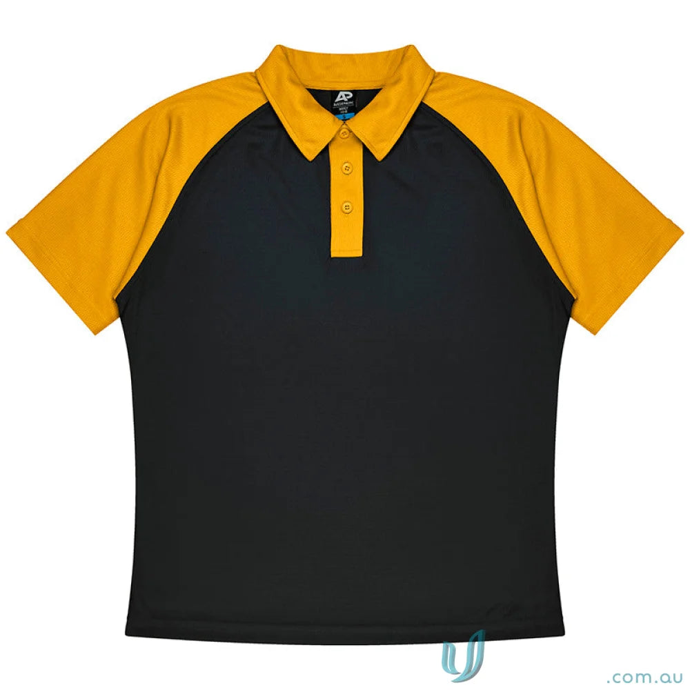 Manly Mens Polos black polo shirt with yellow raglan sleeves and collar, comfy fabric