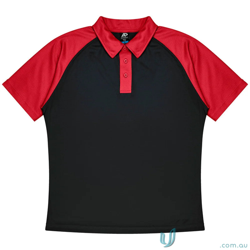 Black and red mens polo shirt with short sleeves and three-button placket for uniforms