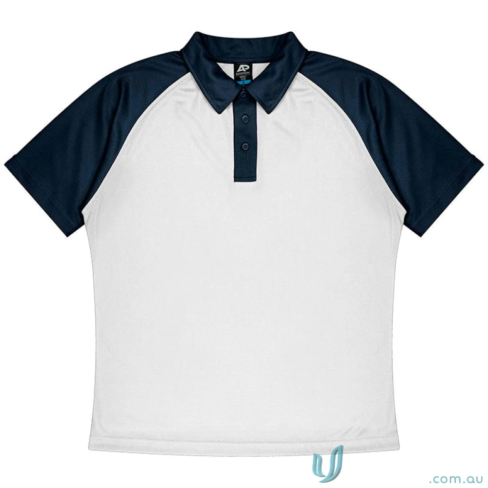 Manly Mens Polos short-sleeved polo shirt with white fabric and dark blue raglan sleeves