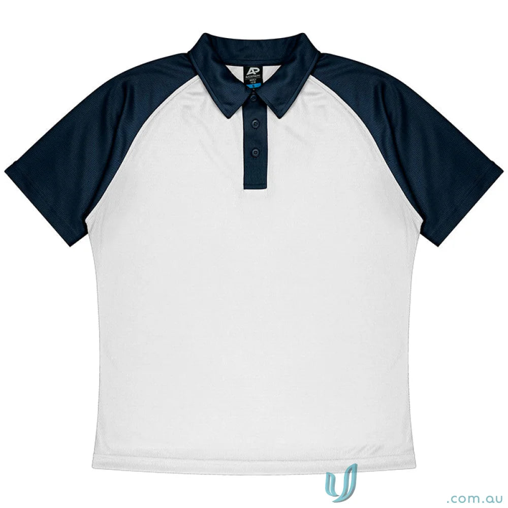White mens polo shirt with dark blue raglan sleeves, perfect for uniforms and casual wear