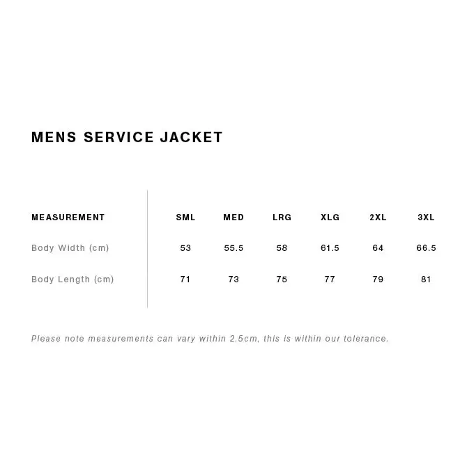 Men’s mark padded jacket size chart showing body width and length for sml to 3xl for work uniforms and workwear