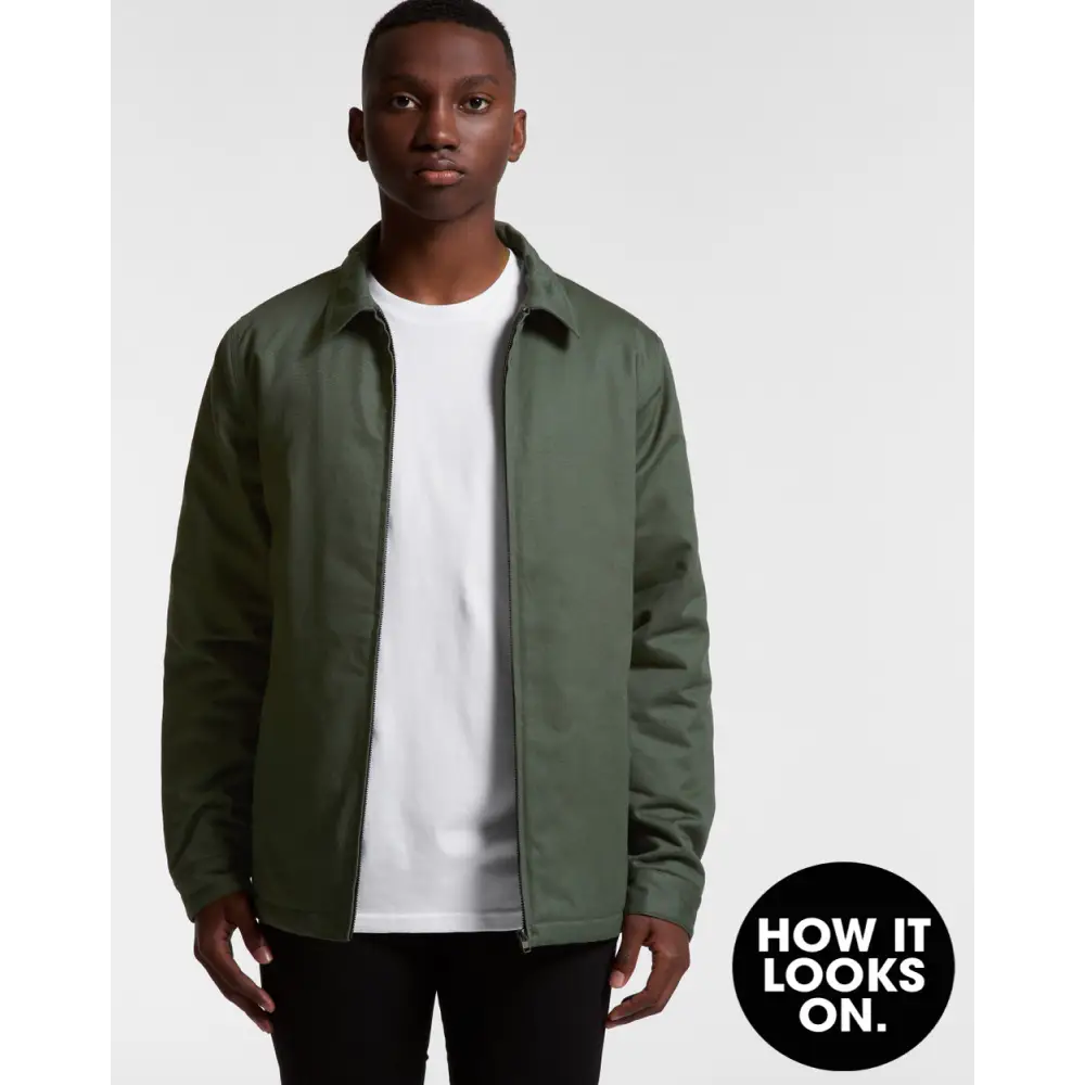 Olive green mark padded jacket with zip-up front and classic collar perfect for workwear and uniforms