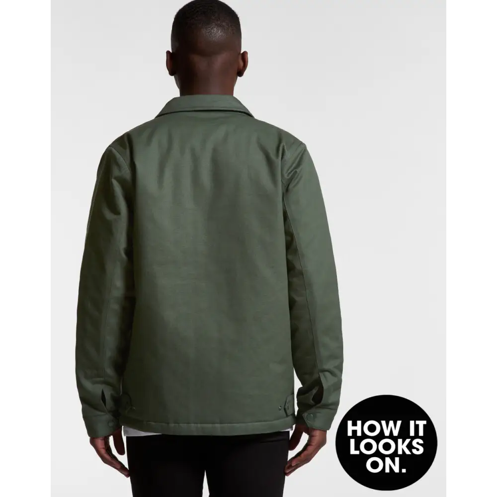 Olive green mark padded jacket with classic collar and minimalist design ideal for workwear and uniforms