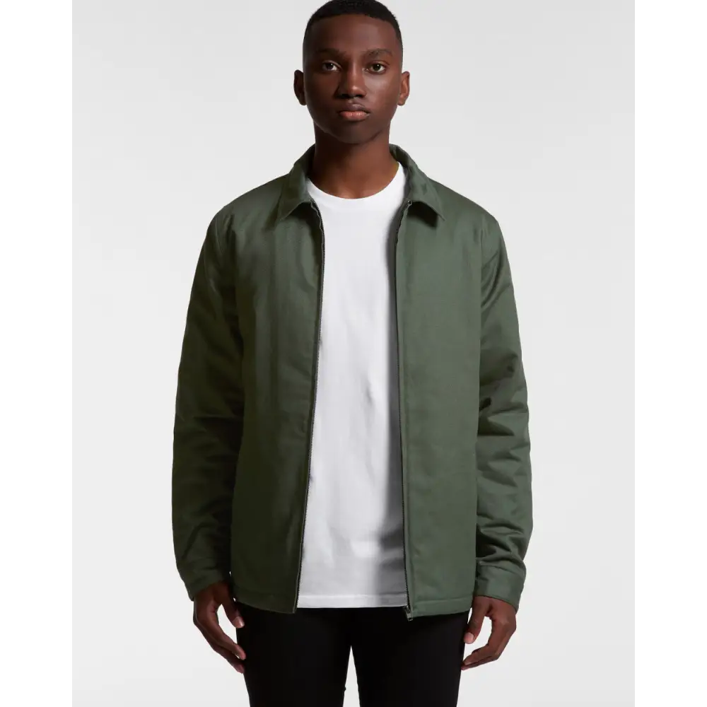 Olive green mark padded jacket with front zipper and collar ideal for durable workwear and uniforms use