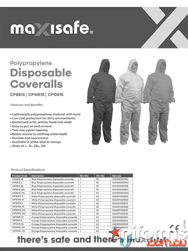 Disposable polypropylene coveralls as part of Maxisafe Orange Workwear and work uniform options