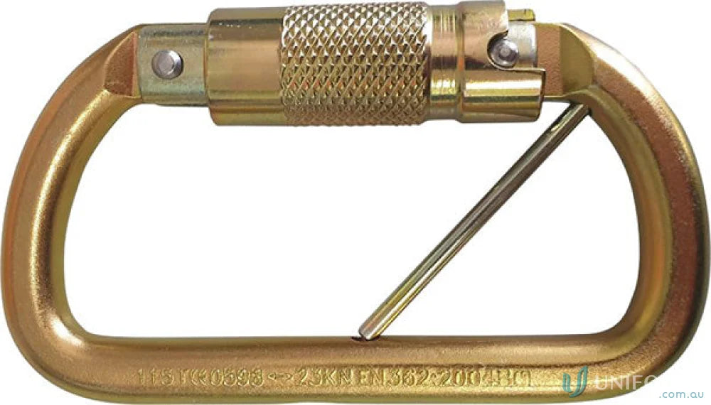 Gold-colored locking carabiner ideal for workwear and uniforms in safety gear