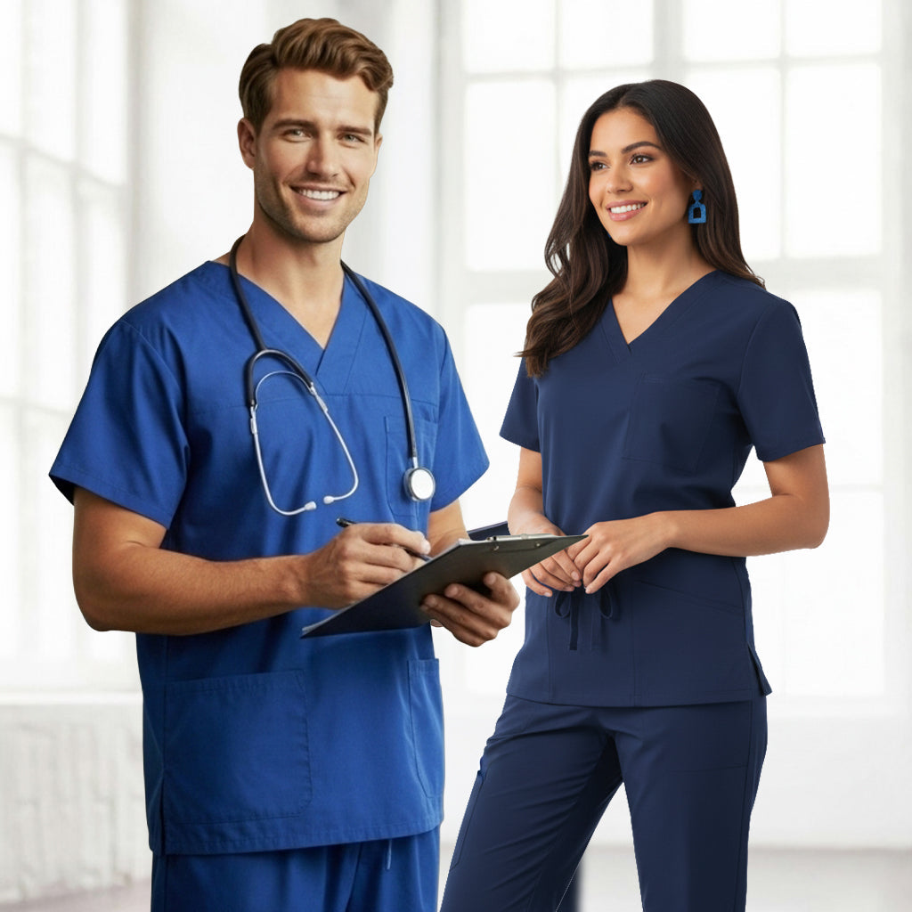Medi8 unisex v-neck scrub top and pants, stay comfortable at stress points