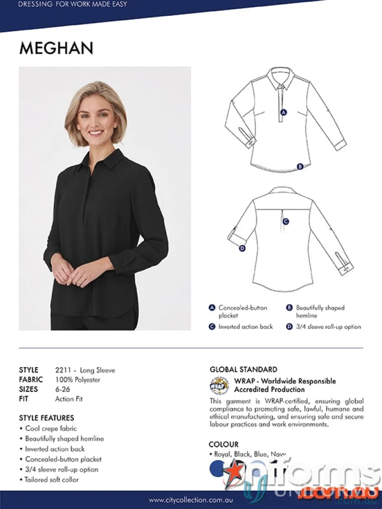 Women’s long-sleeved Meghan Top perfect for action fit medical uniforms and workwear