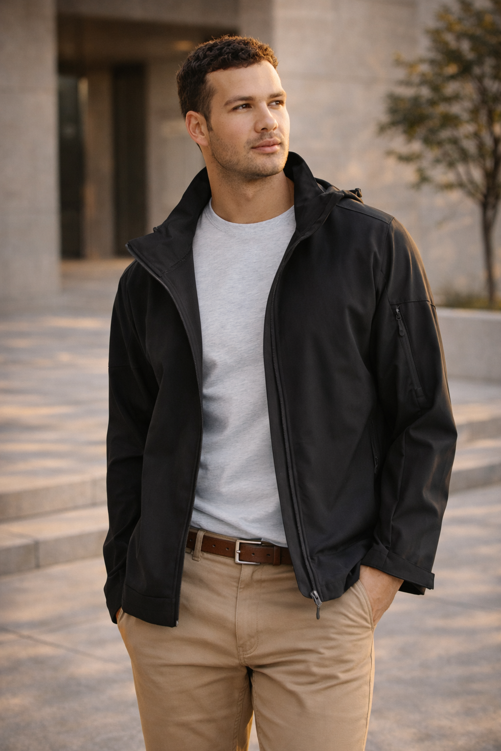 Mens Atlas Jacket black hooded design with sleek zippers