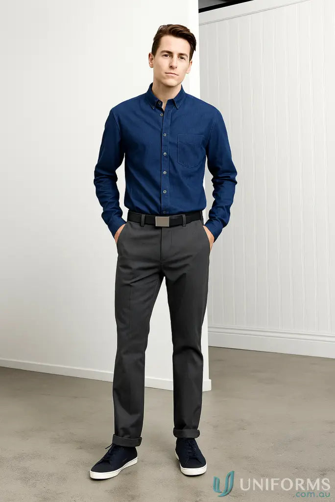 Man in blue shirt and gray pants with Biz Collection Mens silver satin finish corporate belt