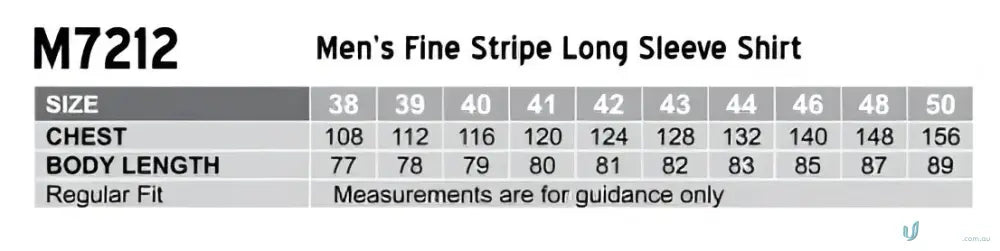Sizing chart for Mens Fine Stripe LS Shirt with stripe long sleeve options M7212 mens fine