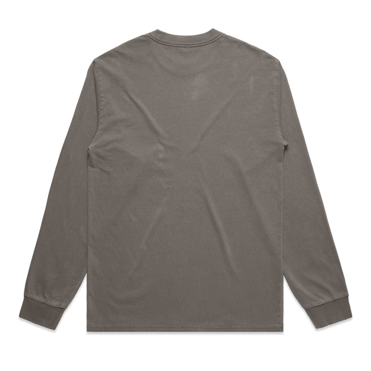 Charcoal gray long-sleeved t-shirt with ribbed cuffs and hem, unbranded.