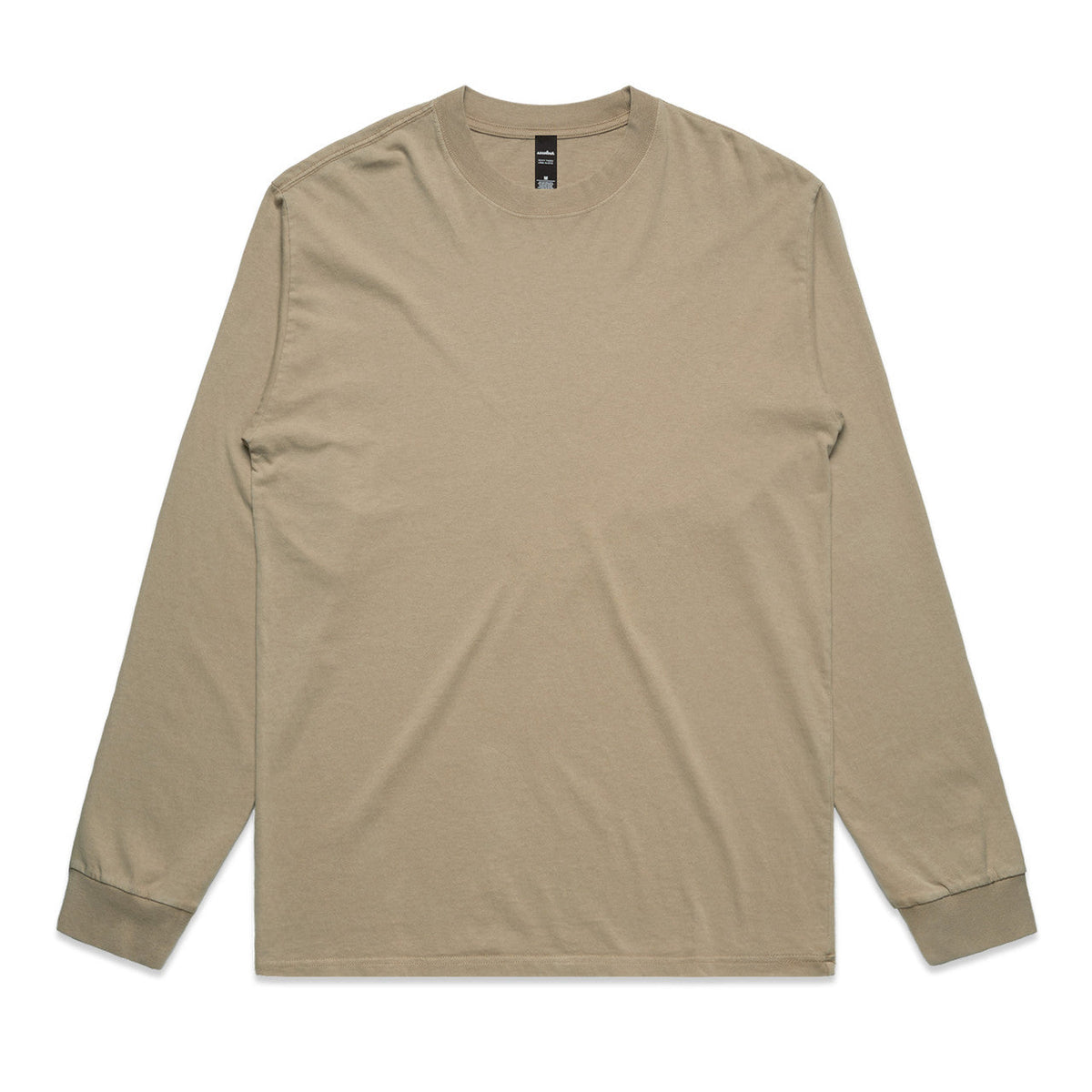 Beige long-sleeved t-shirt with ribbed cuffs and hem, likely made of cotton or polyester blend.