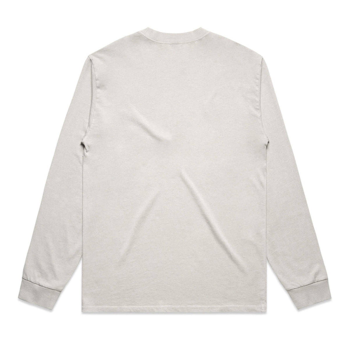 White long-sleeved shirt with ribbed cuffs and hem, likely made of cotton or polyester blend.