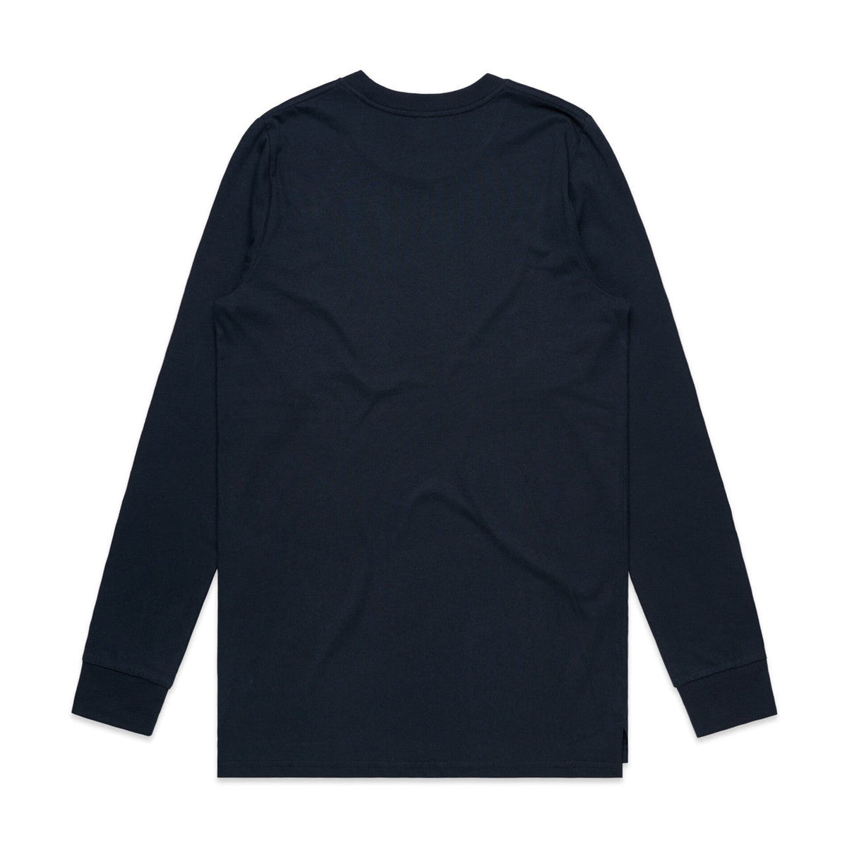 Navy blue long-sleeved t-shirt with a crew neck and ribbed cuffs.