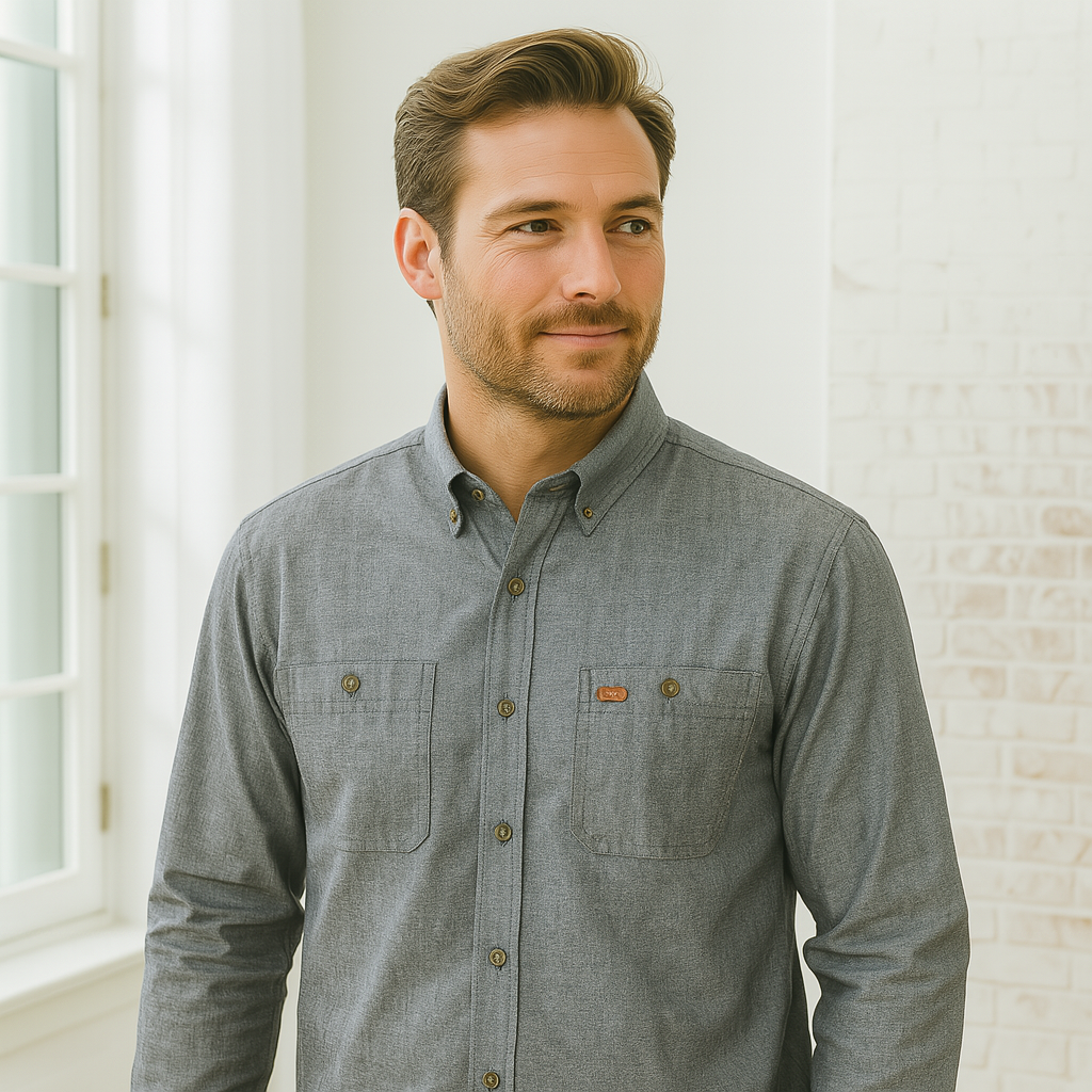 Gray industrial chambray long sleeve shirt with chest pockets