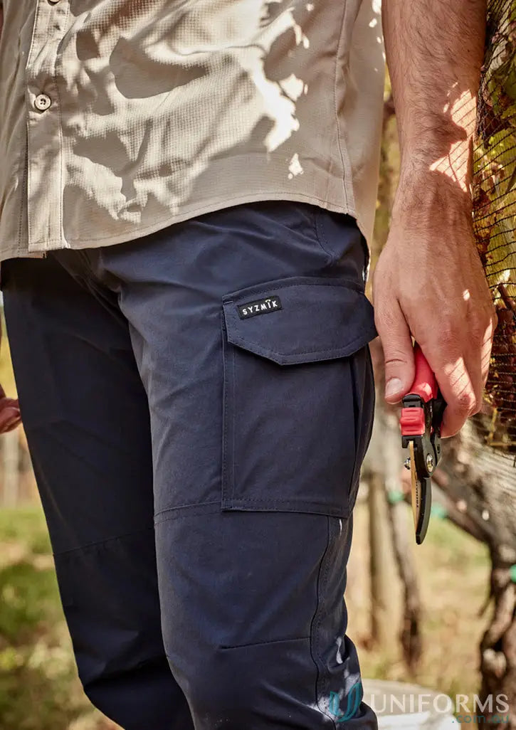 Mens lightweight outdoor pant with navy cargo pants and large cargo pocket for ultimate comfort