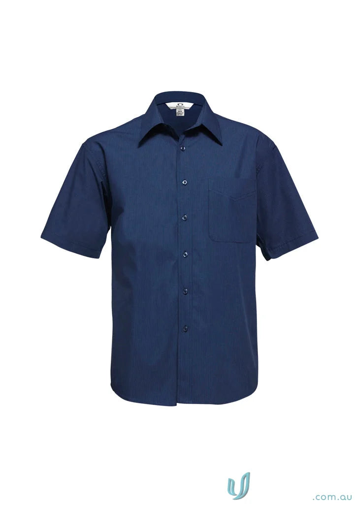Navy blue mens micro check short sleeve button-down shirt for casual style